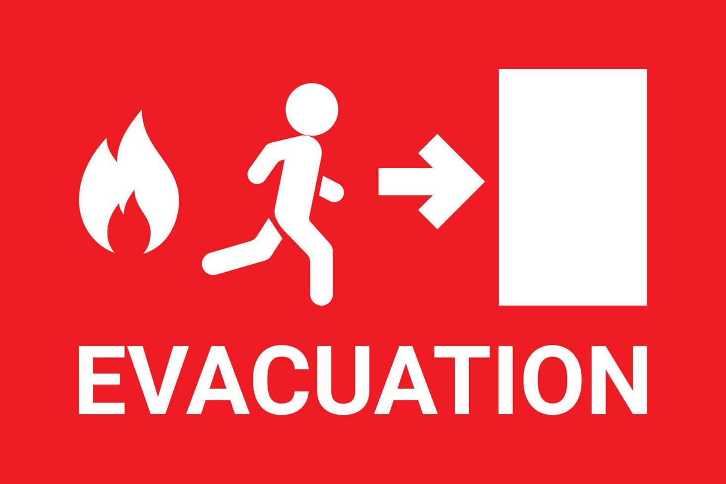 Emergency evacuation sign, fire exit. Man run toward exit door from fire. Red signboard. Vector illustration