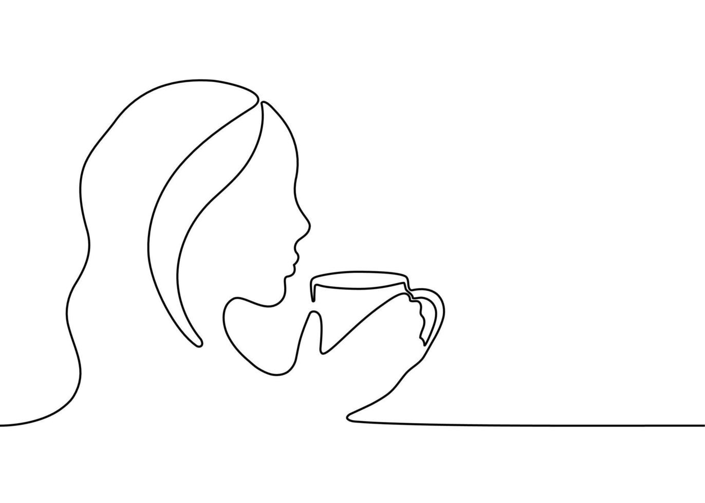 Woman with cup of coffee or tea, one single continuous line drawing. Simple abstract outline of girl and mug with steam beverage. Vector illustration