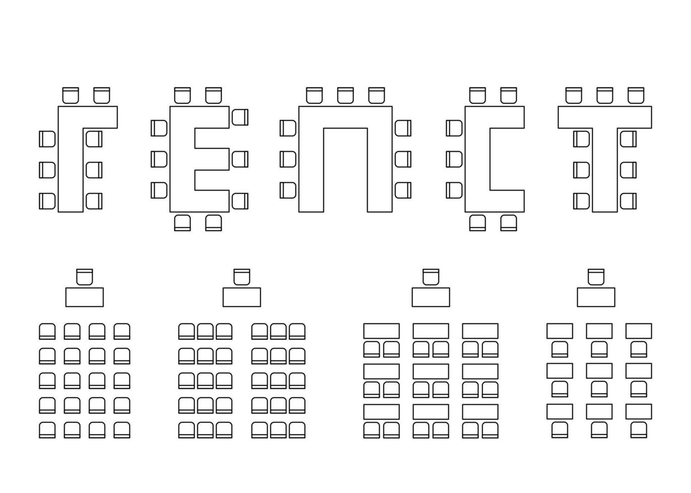 conjunto de planes para la disposición de asientos en el interior, auditorio con lugar para espectadores, aula, teatro, sala de conferencias, elementos de esquema de diseño. iconos de sillas y mesas de esquema. vista superior de los muebles.línea vectorial vector