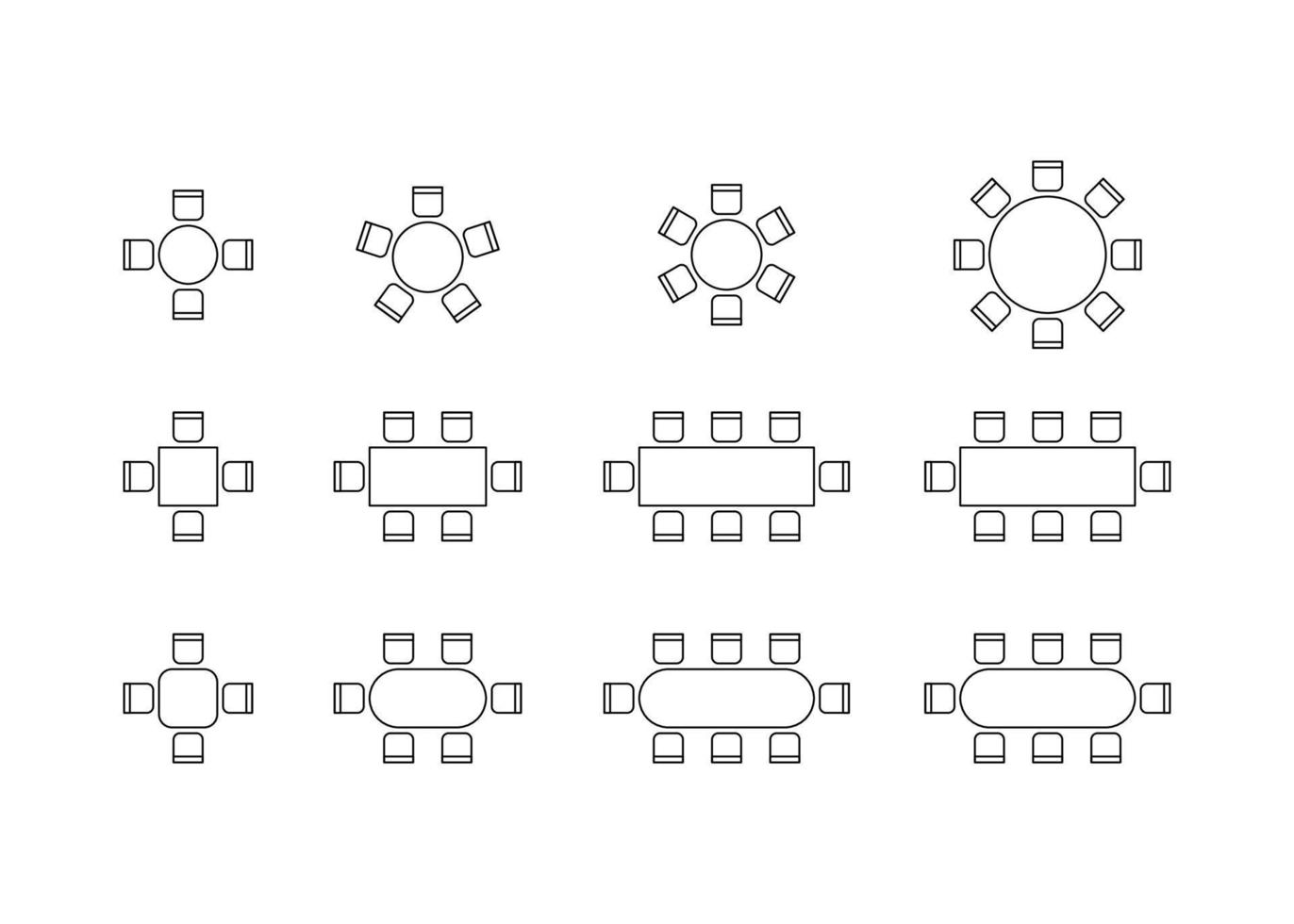 Set of plan for arranging seats and tables in interior, layout graphic outline elements. Chairs and tables icons in scheme architectural plan. Office and home furniture, top view. Vector line