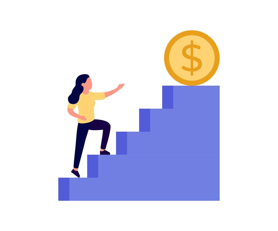 Achieve target to money, investment plan or salary, ladder of success in financial freedom. Climbing up to reach income or salary growth. Woman step climbing high to money coin. Vector