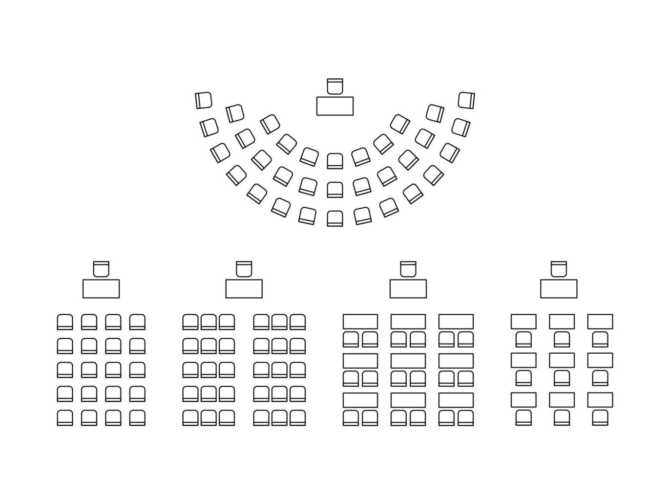 conjunto de planes para organizar asientos en semicírculo y filas en el interior, esquema de diseño. lugar espectadores, aula, mapa asientos anfiteatro. vista superior de muebles de mesas y sillas de esquema. línea vectorial vector