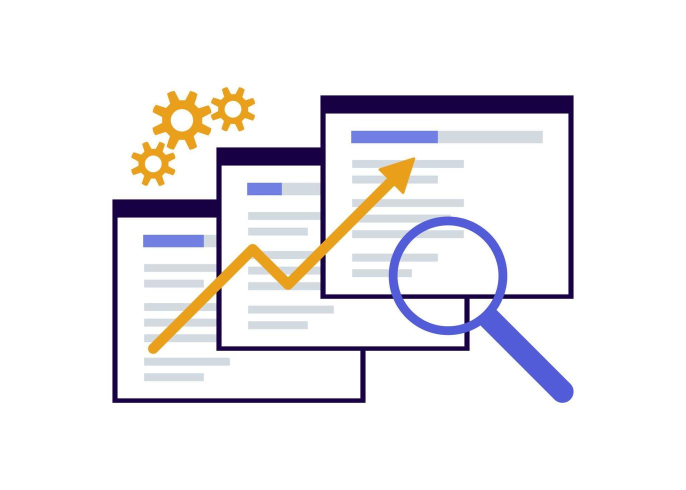 Search engine optimization, SEO optimization, analytics and advertising concept. Search screen with magnifier. Sign SEO top ranking for web. Vector illustration