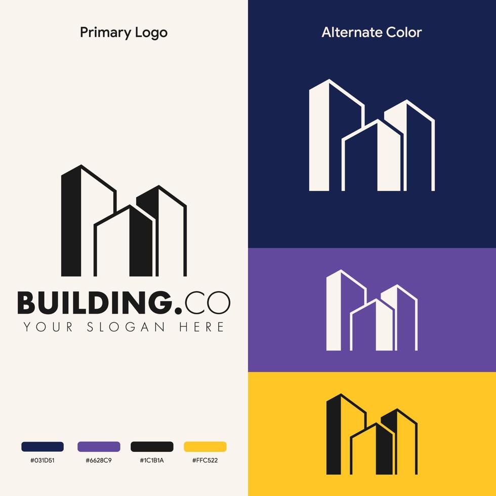 concepto de logotipo de edificio de bienes raíces de esquema simple moderno vector