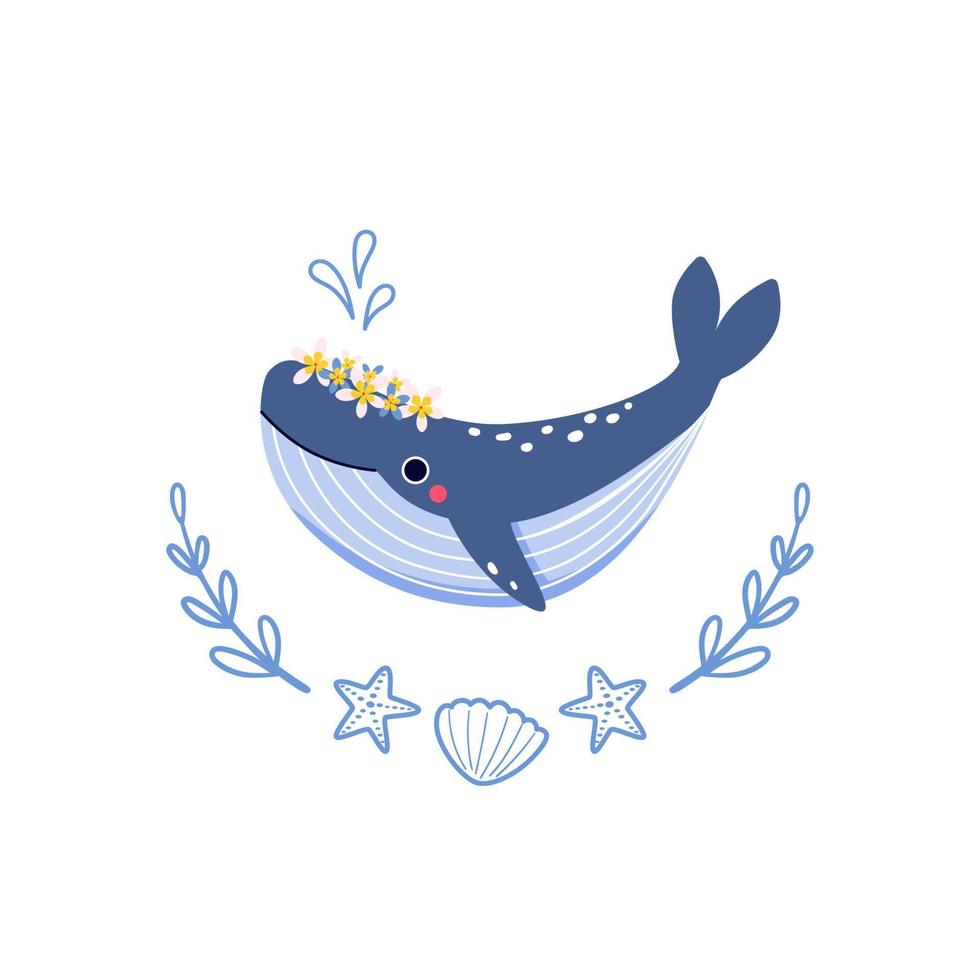 feliz ballena azul con una corona floral nada sobre un fondo blanco vector