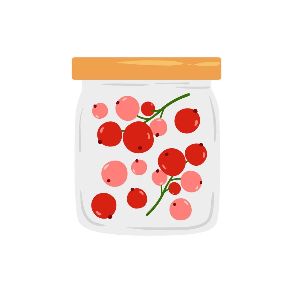 Delicious red currant jam in a transparent jar. Cute vector illustration drawn in cartoon style