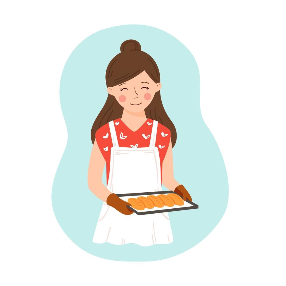 Young cute housewife holds a tray with hot pastries. Vector illustration in cartoon style