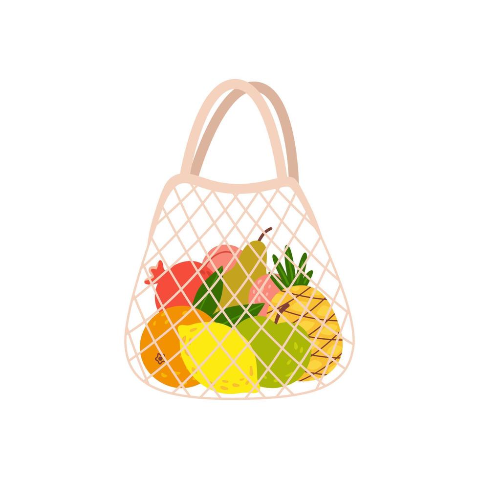 Eco shopping net bag with healthy organic fruits. Zero waste concept. Cartoon vector illustration - products from supermarket