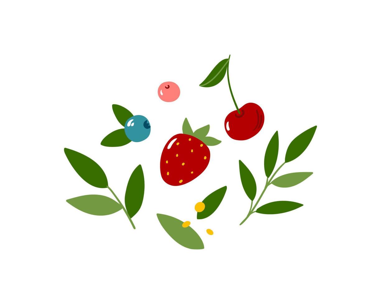 Cute vector print with strawberry, cherry and blueberry, green leaves. Isolated on white background cartoon illustration for printing on packaging or textiles