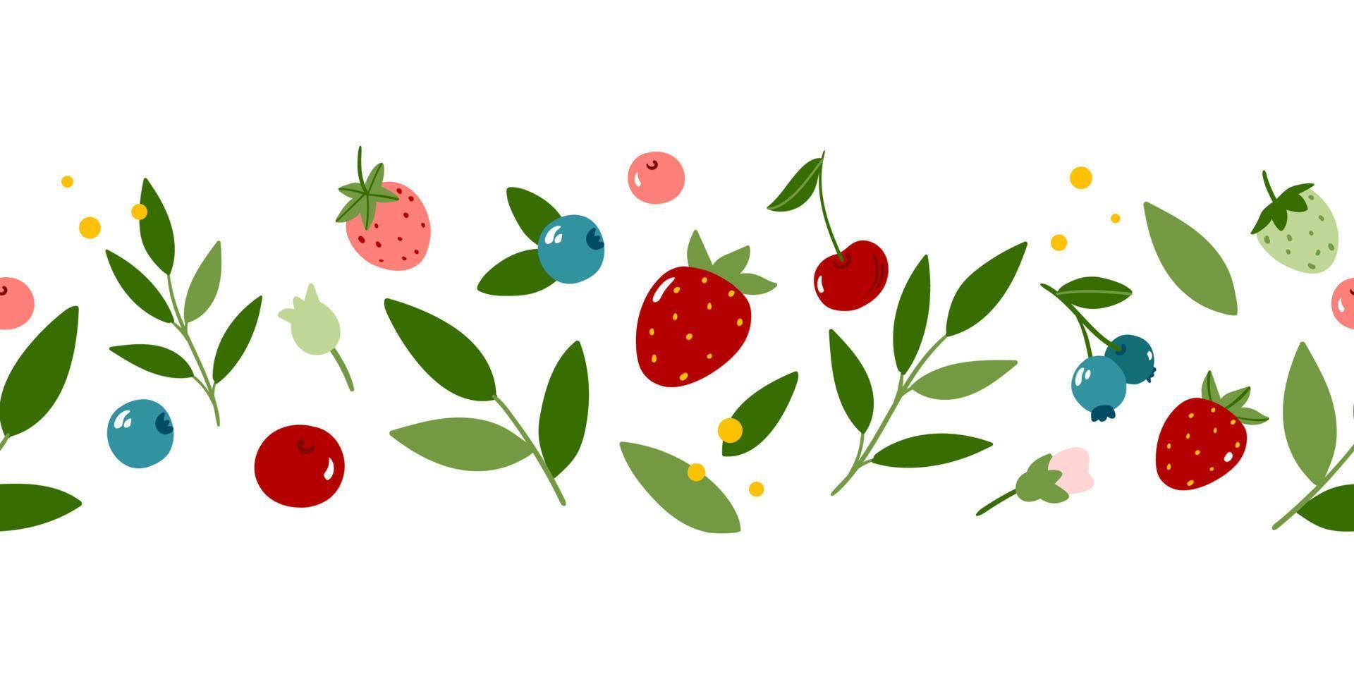 Summer horizontal seamless border with hand-drawn forest berries and leaves. Vector illustration in doodle style