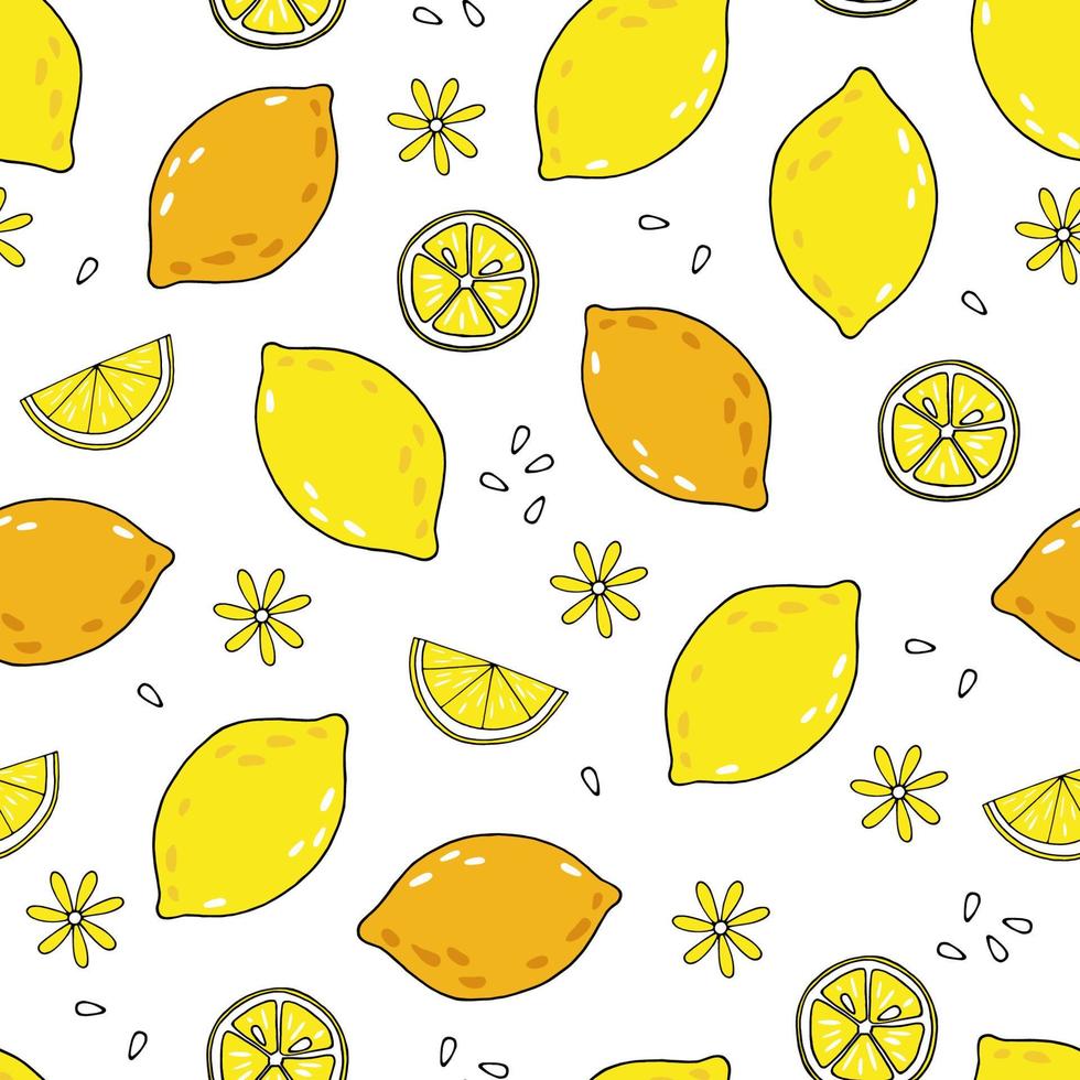 Vector seamless pattern with textured lemons and seeds and on white background. Summer citrus fruits backdrop