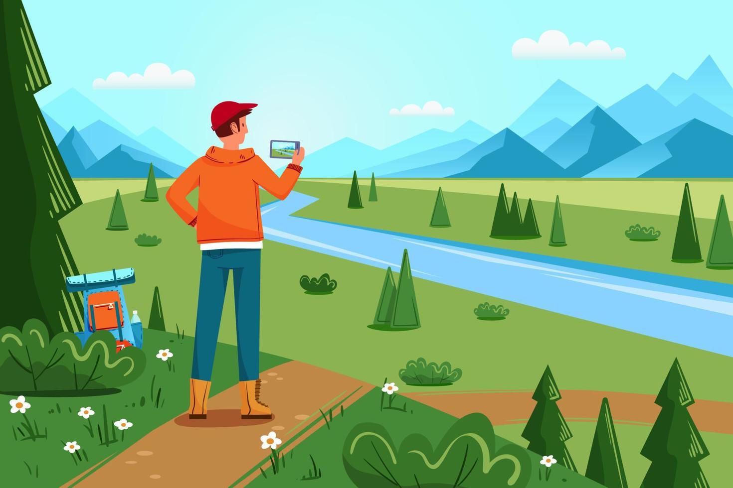 Mountain landscape with hills, river and forest, male tourist with a backpack. Vector flat illustration with a traveler standing on the side of a blooming hill and taking a photo of a beautiful view