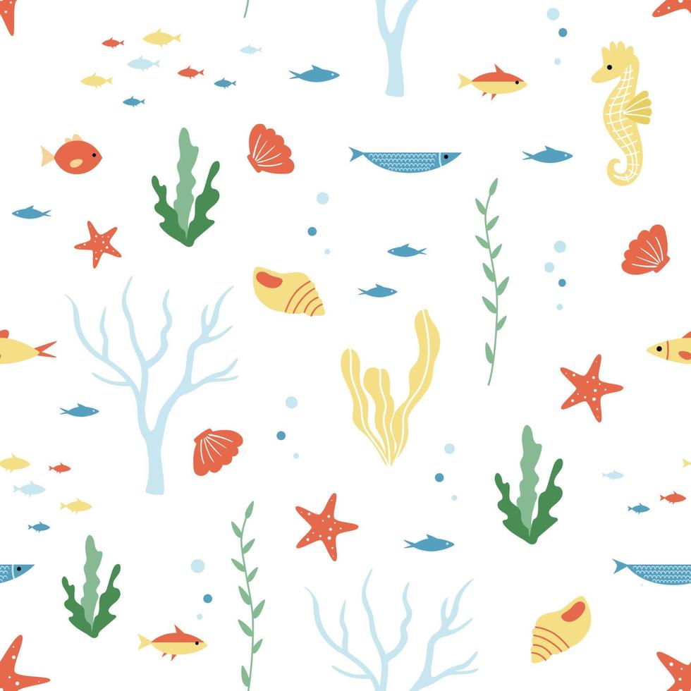 Summer marine seamless pattern with fishes, algae, corals, seahorses and seashells vector