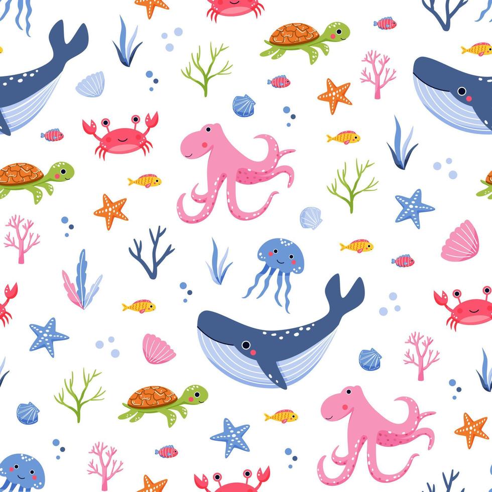 Cute childish seamless pattern with sea animals and seaweeds on white background. Kawaii whale, turtle, octopus, jellyfish, crab, fishes, shells drawn in cartoon style on summer marine print. Vector