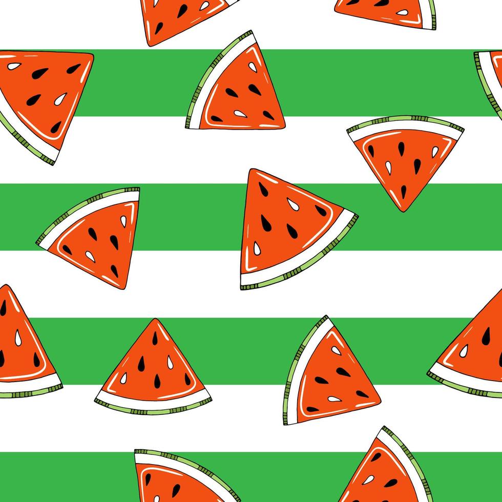 Summer seamless vector pattern with watermelon slices on white and green background