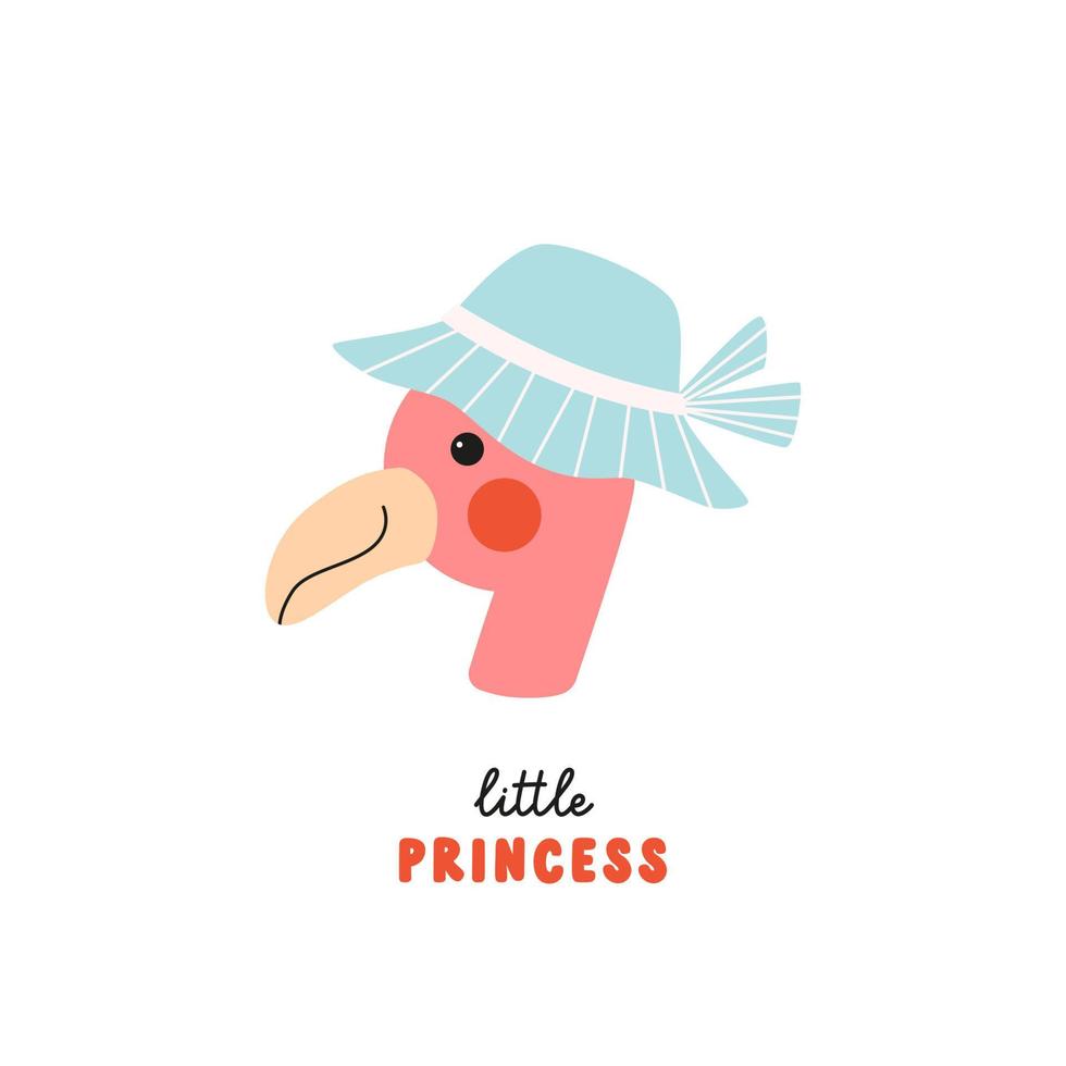 Cute baby flamingo girl in summer panama hat. Funny childish hand drawn illustration in doodle style isolated on white background. Kawaii print for nursery textile, stickers, cards and posters vector