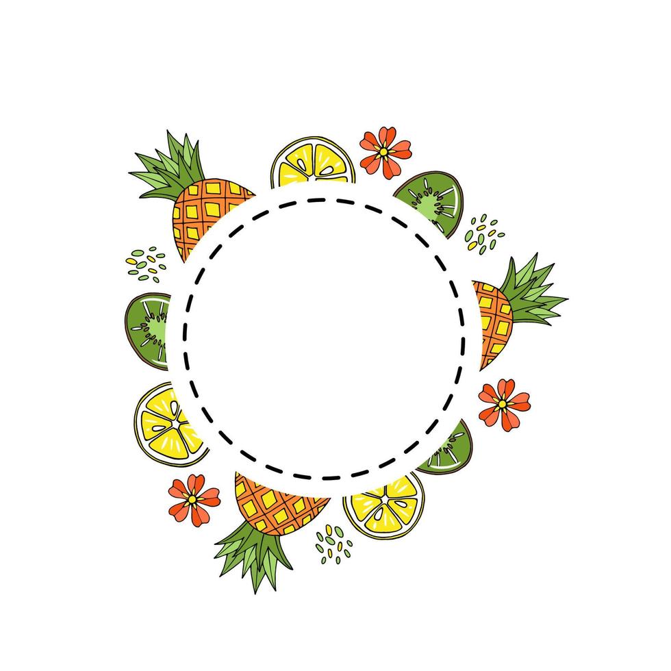 Cute round sticker with summer tropical fruits and place for text. Vector hand drawn in doodle style exotic food