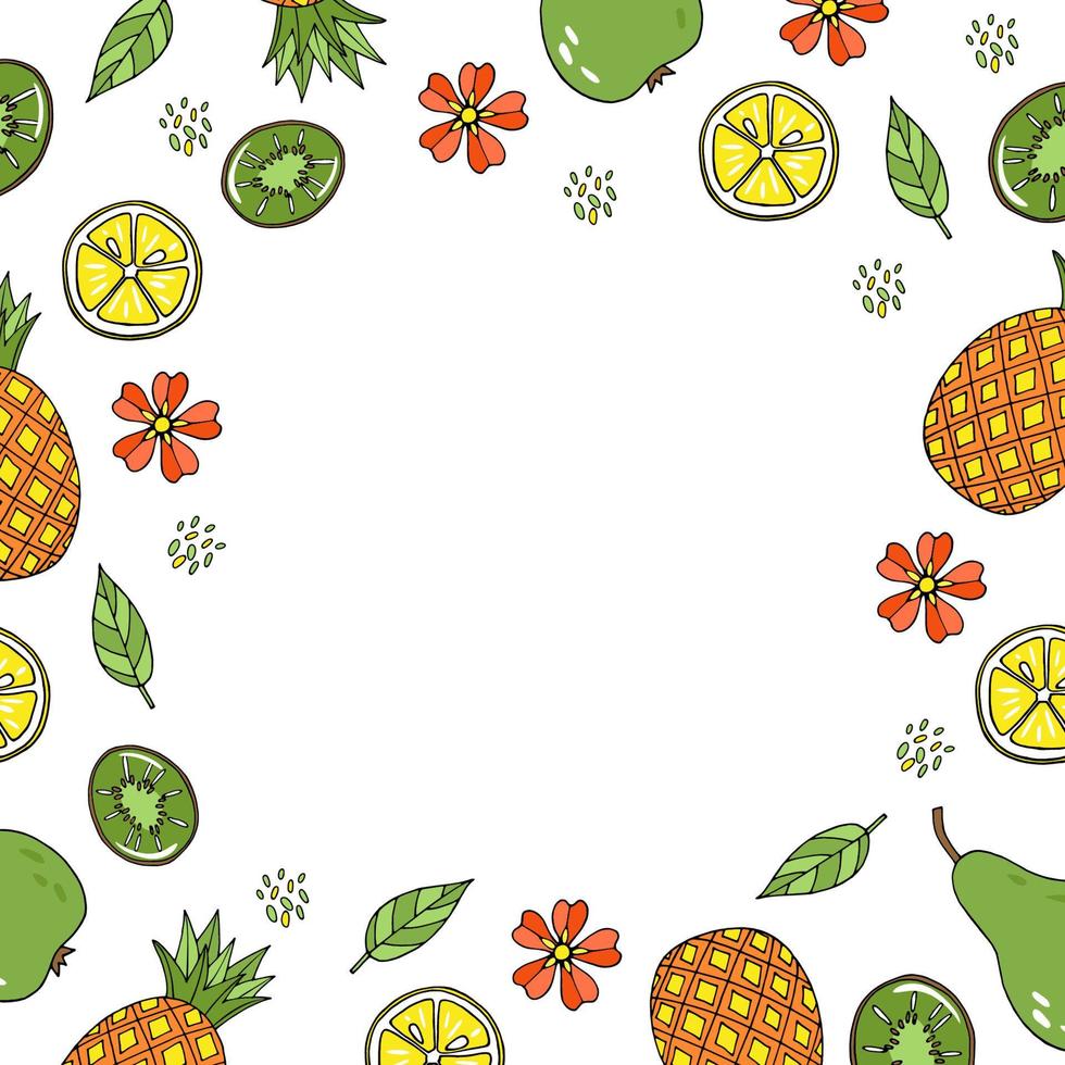 lindo marco vectorial con frutas exóticas de verano de temporada y lugar para texto. dibujado a mano en forma de garabato piña, kiwi, limón, hojas y flores sobre fondo blanco aislado vector