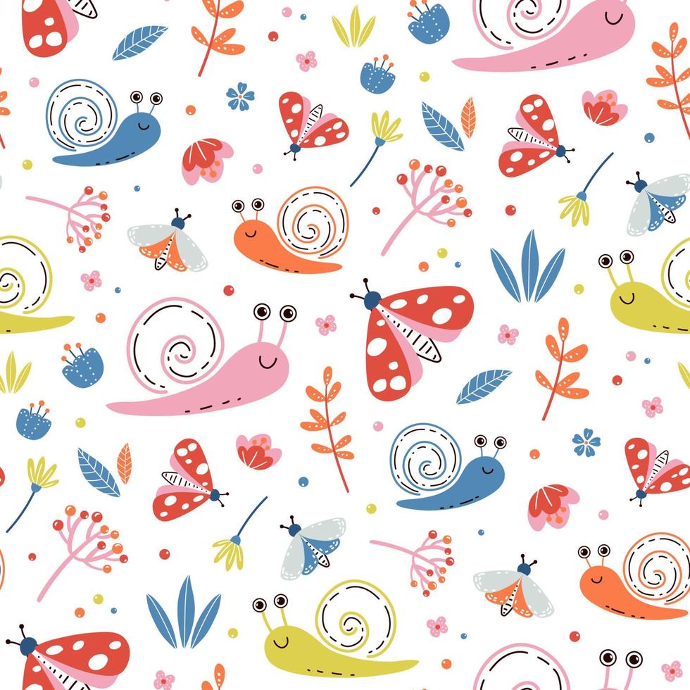 Cute baby pattern with snails, moths and butterflies. Seamless vector print with hand drawn kawaii animals and flowers for kids textile, apparel or wrapping paper