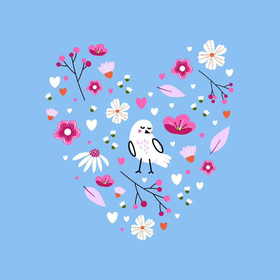 lindo pajarito y bonitas flores florecientes en forma de corazón abstracto sobre un fondo azul. hermosa ilustración vectorial dibujada a mano en estilo garabato para tarjetas, invitaciones o impresión en cualquier superficie vector