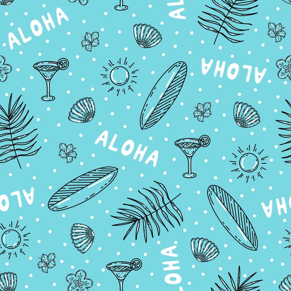 Summer seamless pattern with surfboards, tropical leaves and flowers, cocktails, sun and aloha lettering. Beach accessories on blue background hand drawn in vintage sketch style for textile, apparel vector