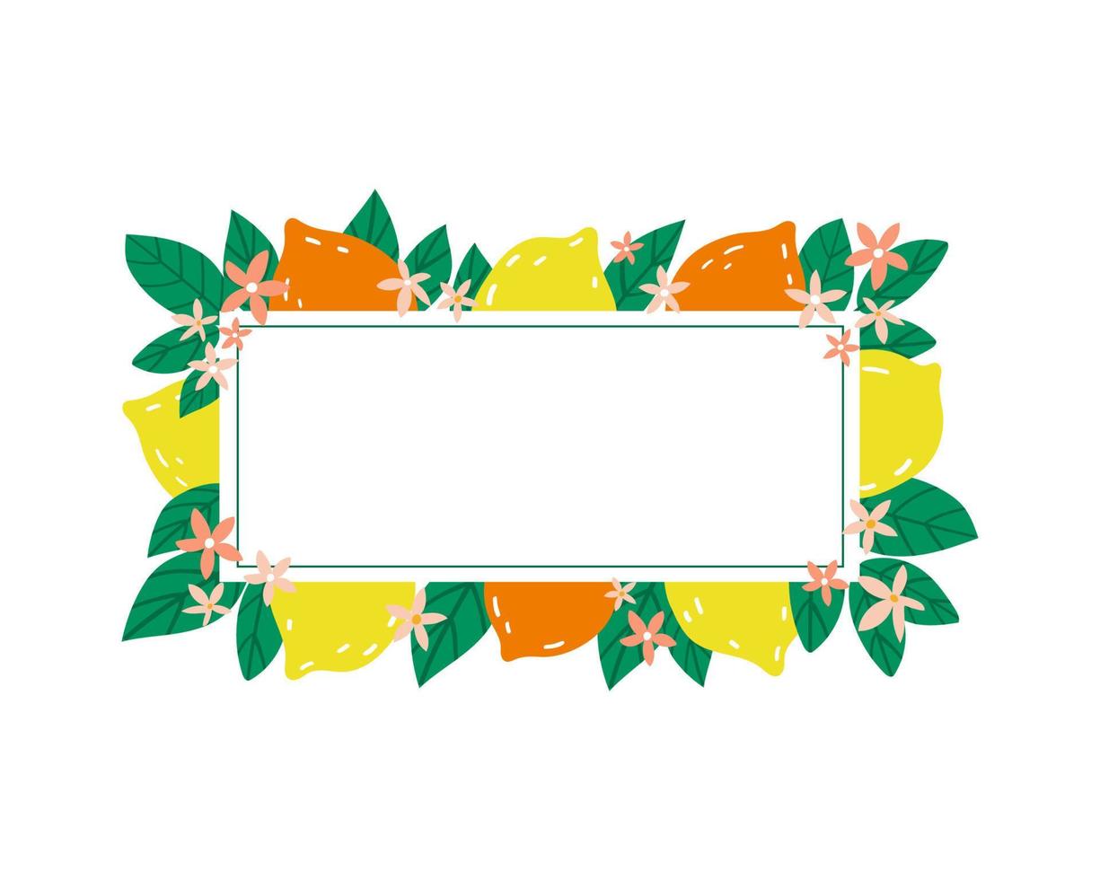 Summer frame with tropical lemon fruits. flowers and leaves. Vector template illustration in doodle style for sales banner, cards or printing on any surface