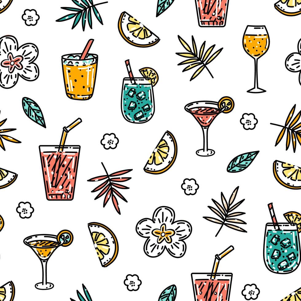 patrón sin costuras de verano con cócteles de alcohol dibujados a mano en estilo boceto. telón de fondo vectorial vintage con bebidas, flores y limones sobre fondo blanco para textiles, papel de regalo, menú vector