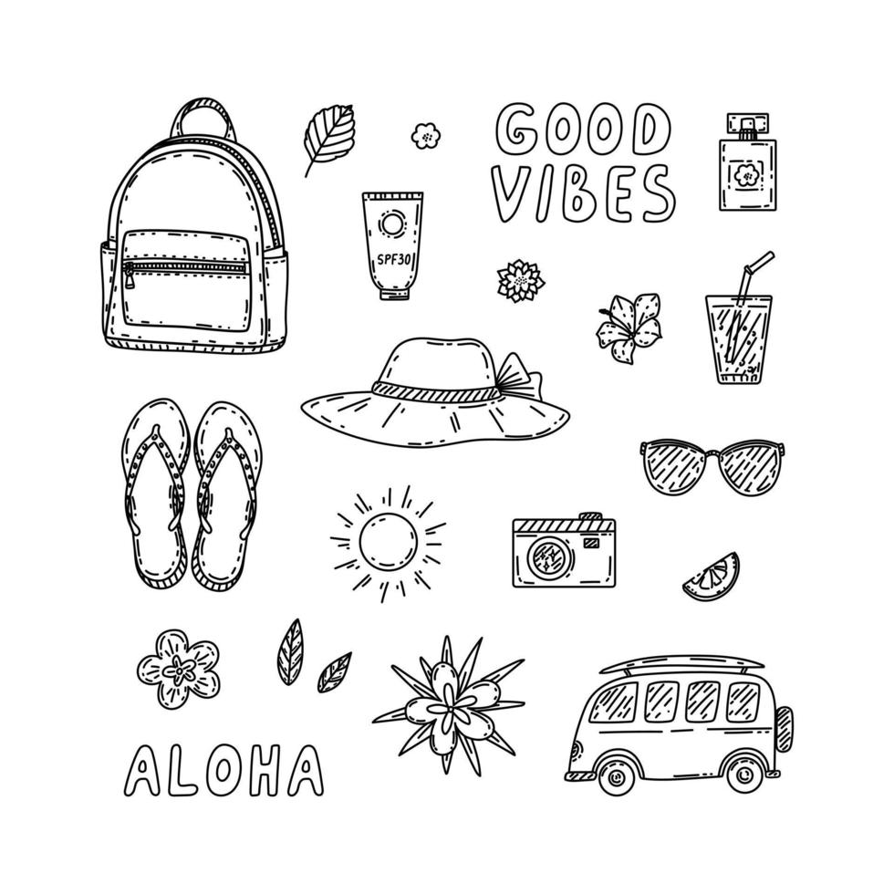 Summer outline beach elements hand drawn in sketch style vector