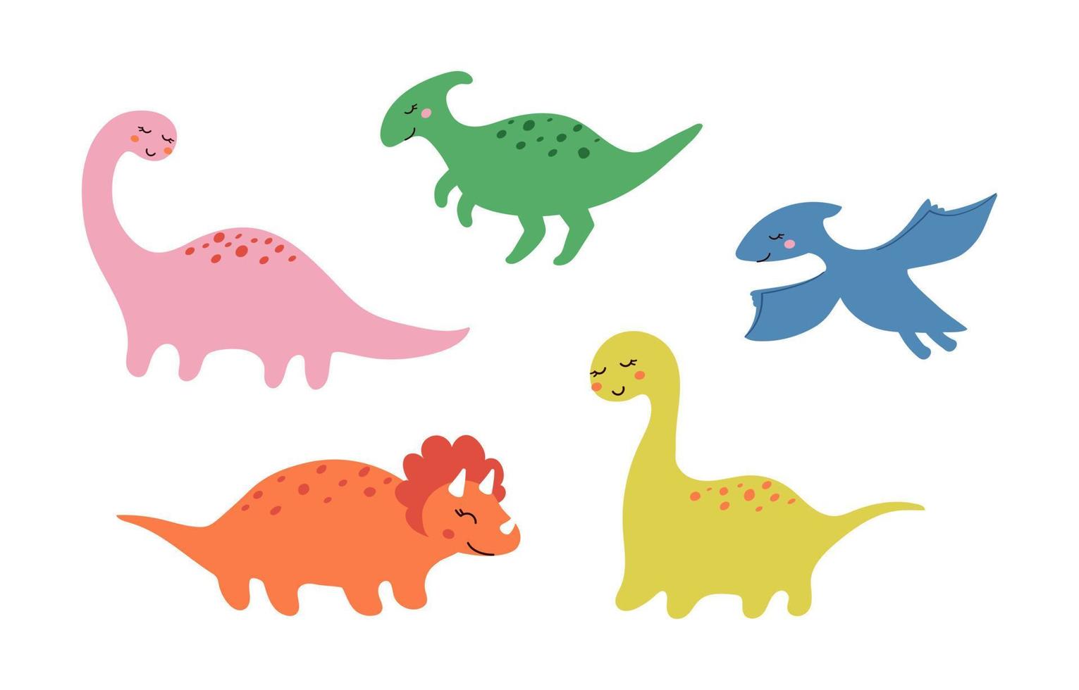 Cute little smiling dinosaurus set drawn in doodle style. Funny kids vector illustration of prehistoric animals for printing on stickers, postcards, textile, games