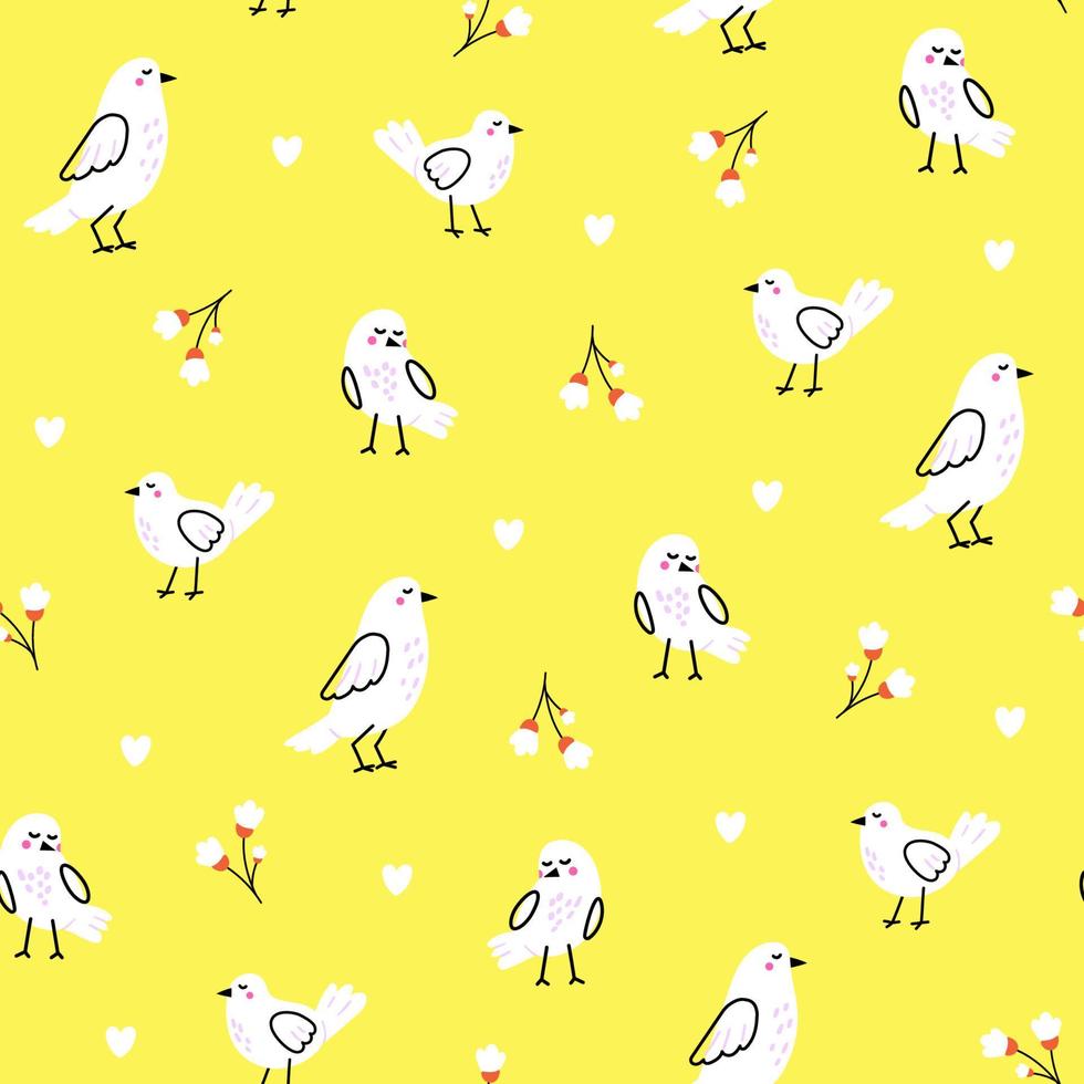 Cute seamless pattern with hand drawn doodle birds for kids textile and wrapping paper. Funny vector print on yellow background