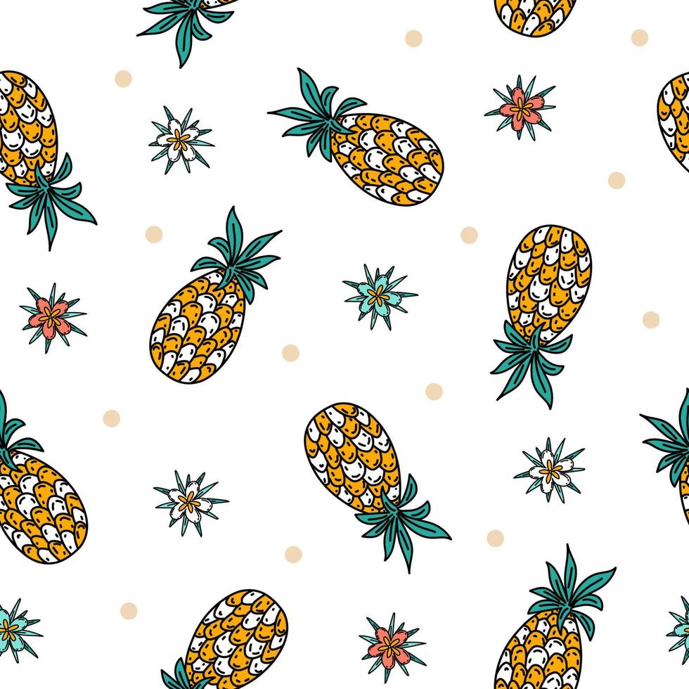 Cute seamless pattern with hand drawn doodle pineapples on white background. Summer food background with funny fruits in sketch style for kids textile, wrapping paper, apparel vector