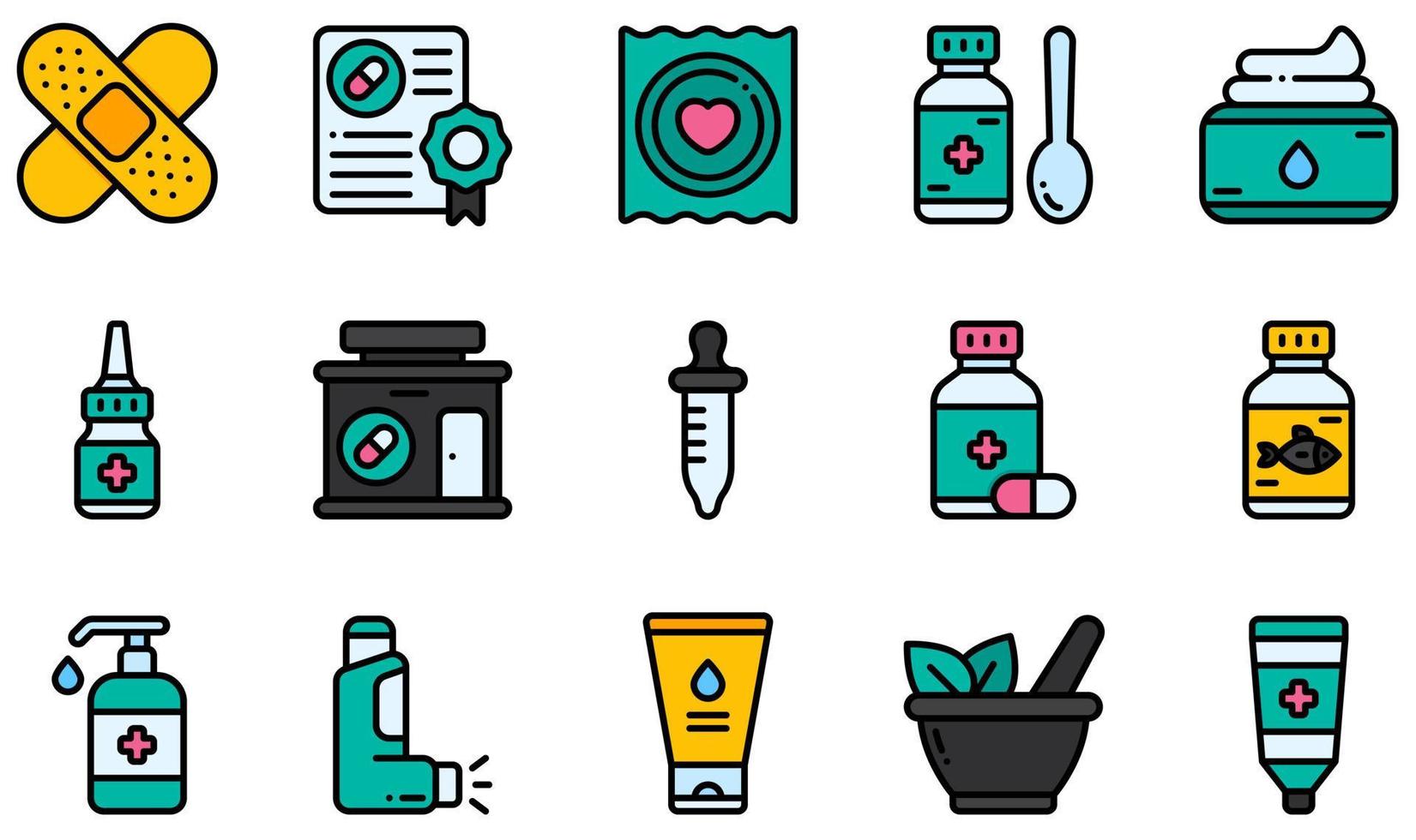 conjunto de iconos vectoriales relacionados con la farmacia. contiene íconos como curita, tos, crema, farmacia, aceite de pescado, inhalador y más. vector