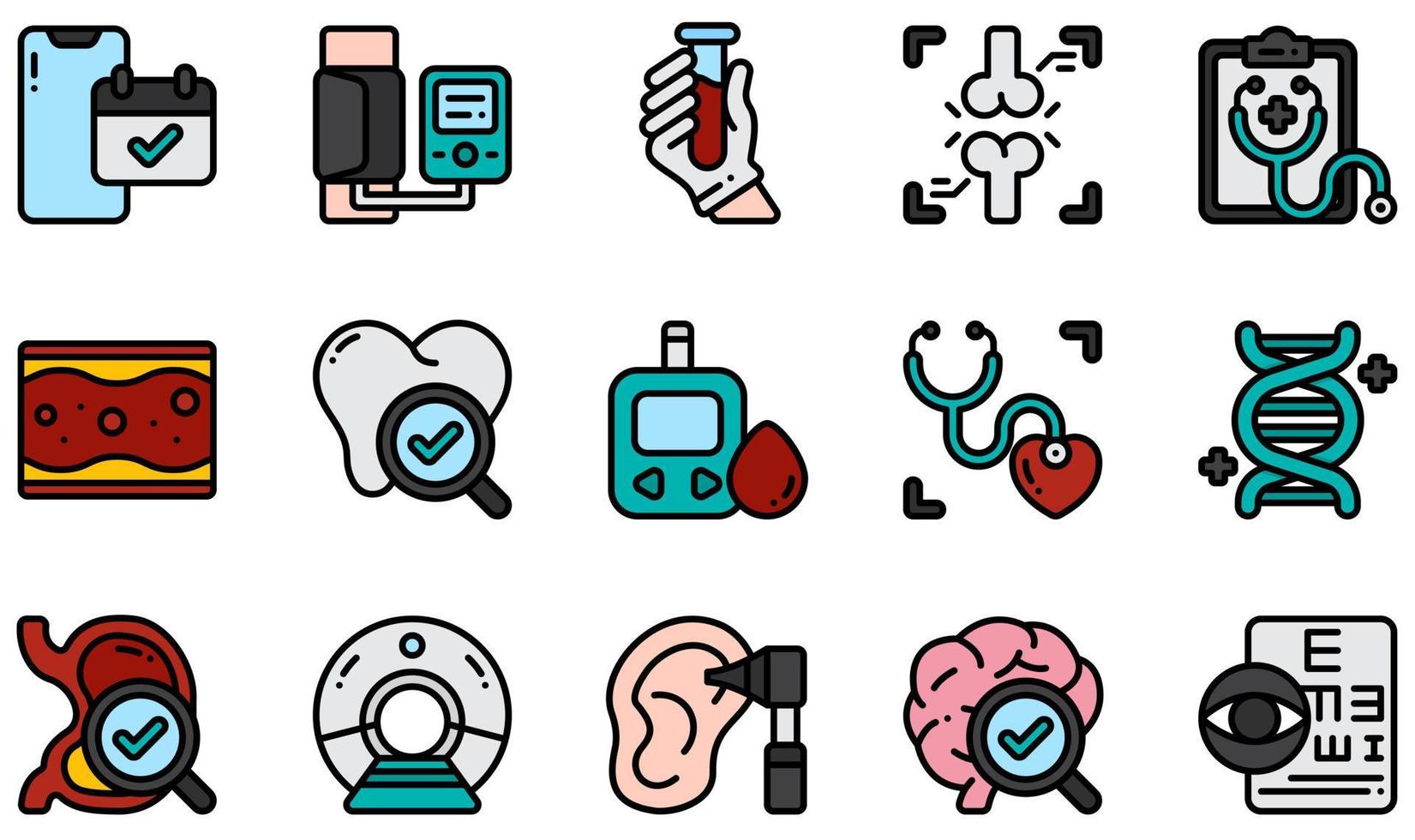 conjunto de iconos vectoriales relacionados con el chequeo de salud. contiene íconos como cita, presión arterial, análisis de sangre, chequeo, chequeo cardíaco, examen de la vista y más. vector