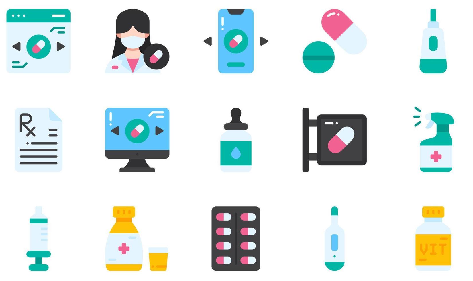 Set of Vector Icons Related to Pharmacy. Contains such Icons as Online Pharmacy, Pills, Pregnancy, Online Pharmacy, Serum, Spray and more.