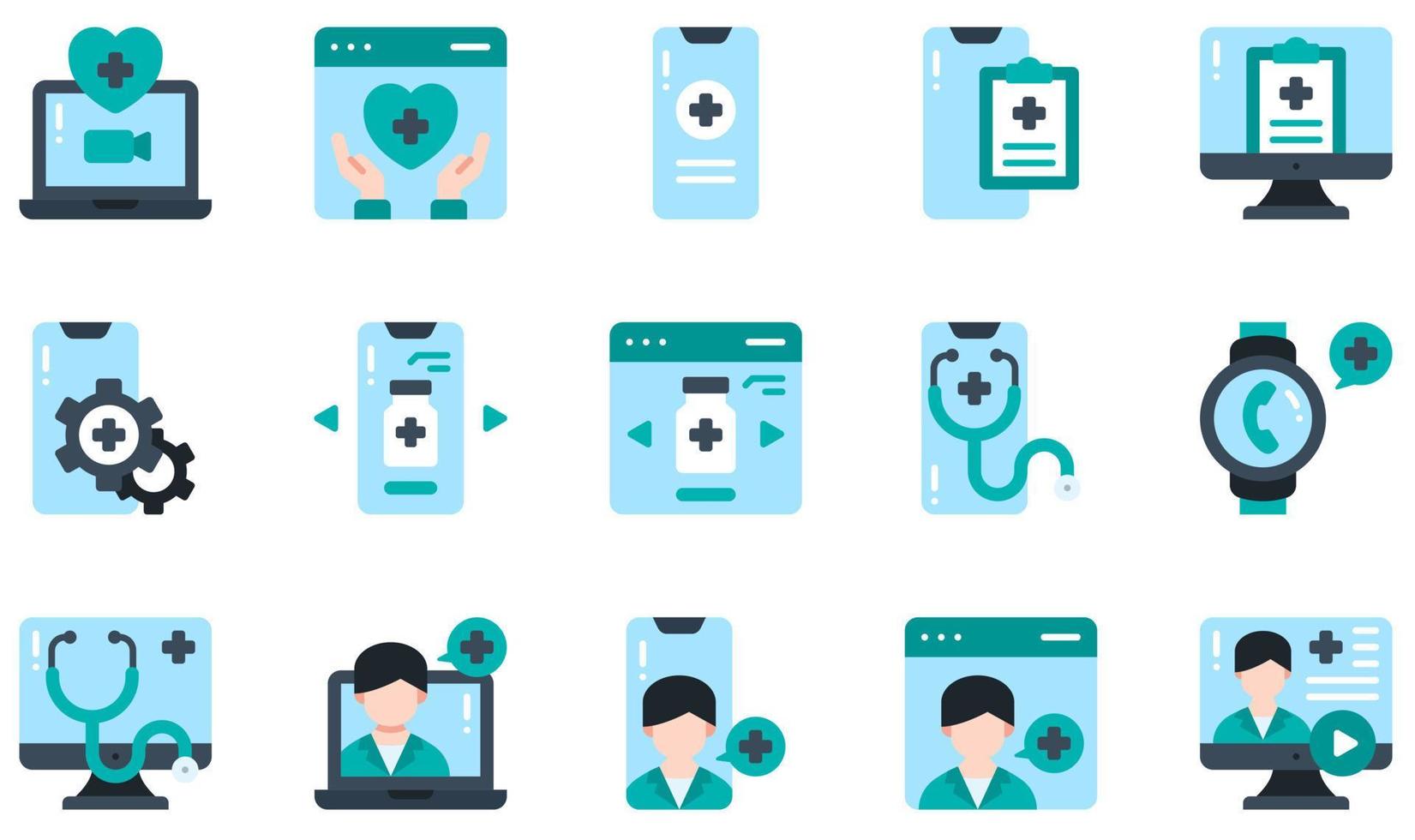 Set of Vector Icons Related to Telemedicine. Contains such Icons as Medical, Medical App, Medical Report, Online Pharmacy, Telemedicine, Stethoscope and more.