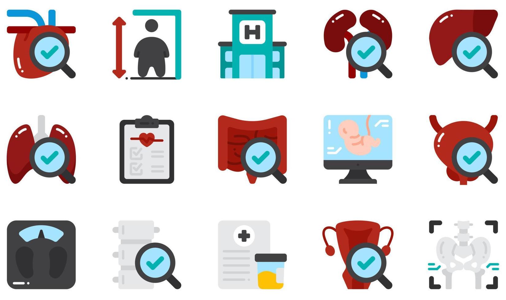 Set of Vector Icons Related to Health Checkup. Contains such Icons as Height, Hospital, Medical Report, Ultrasound, Urine Sample, X Rays and more.