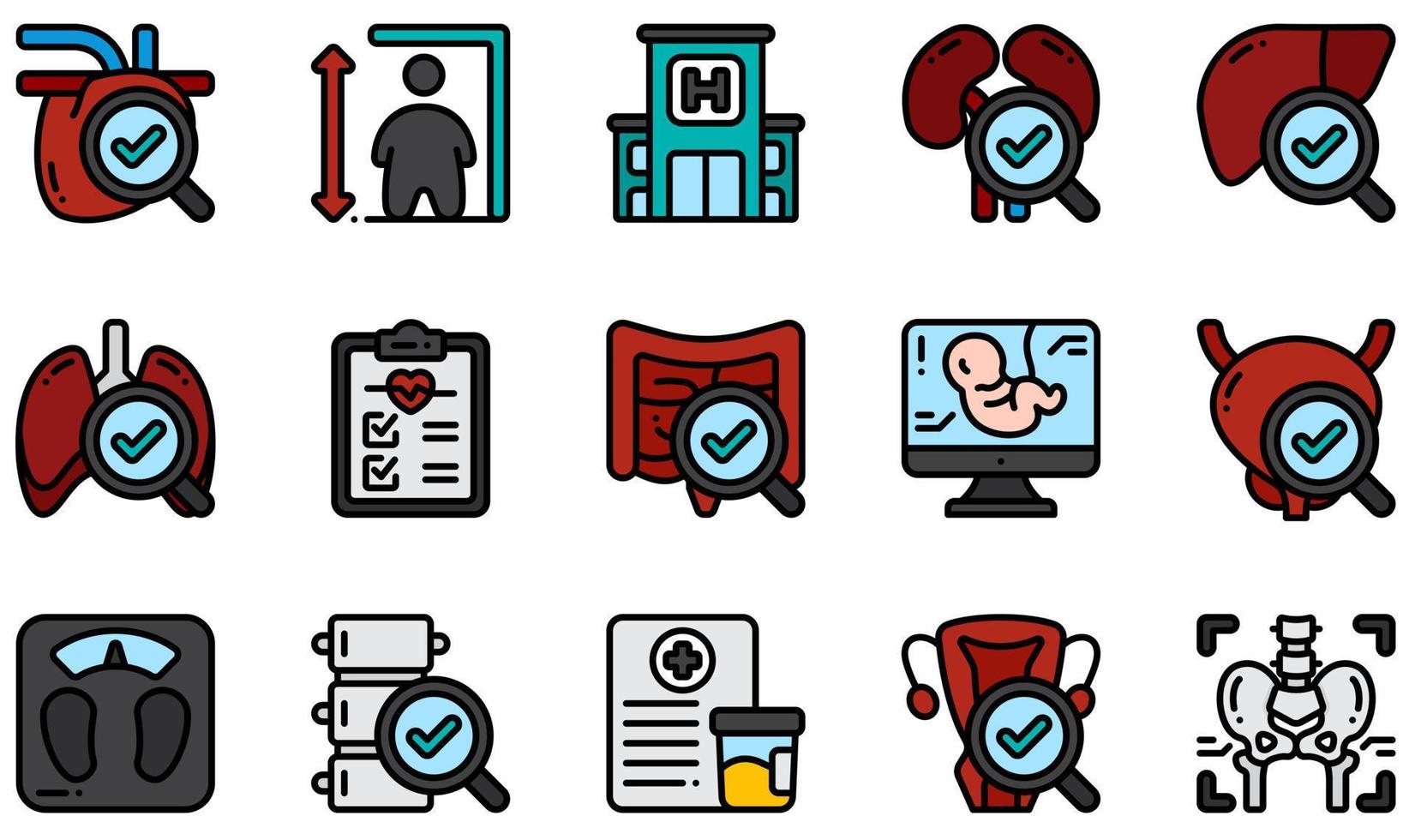 Set of Vector Icons Related to Health Checkup. Contains such Icons as Height, Hospital, Medical Report, Ultrasound, Urine Sample, X Rays and more.