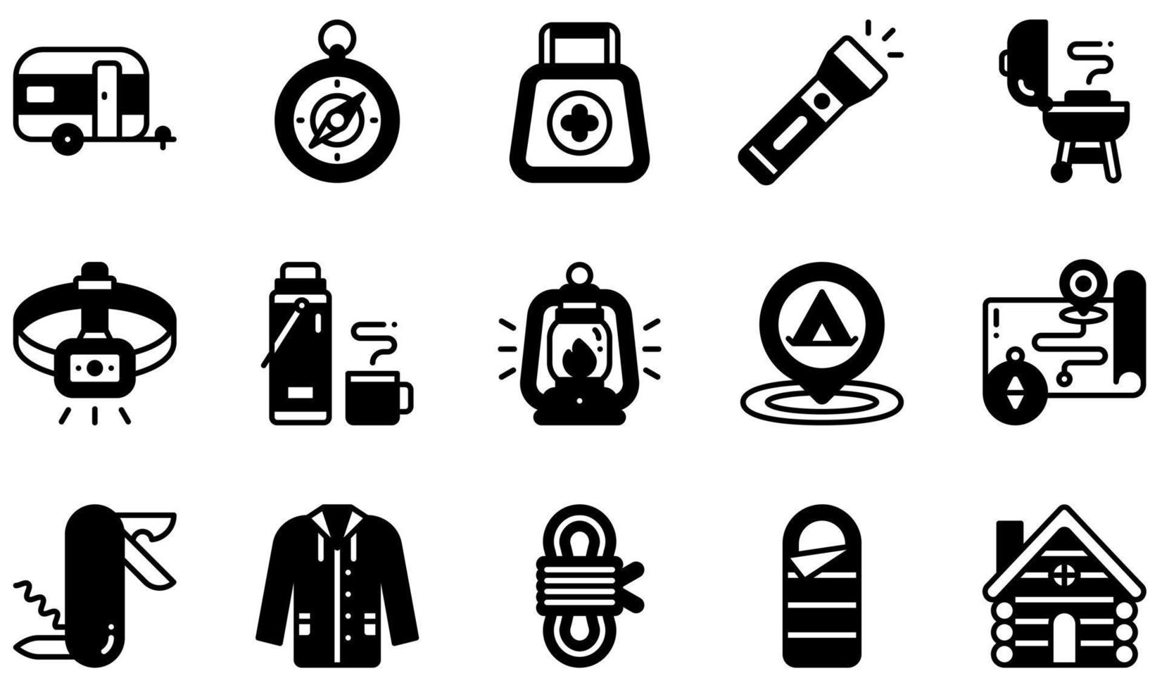 Set of Vector Icons Related to Camping. Contains such Icons as Caravan, Compass, Flashlight, Headlamp, Hot Drink, Lantern and more.