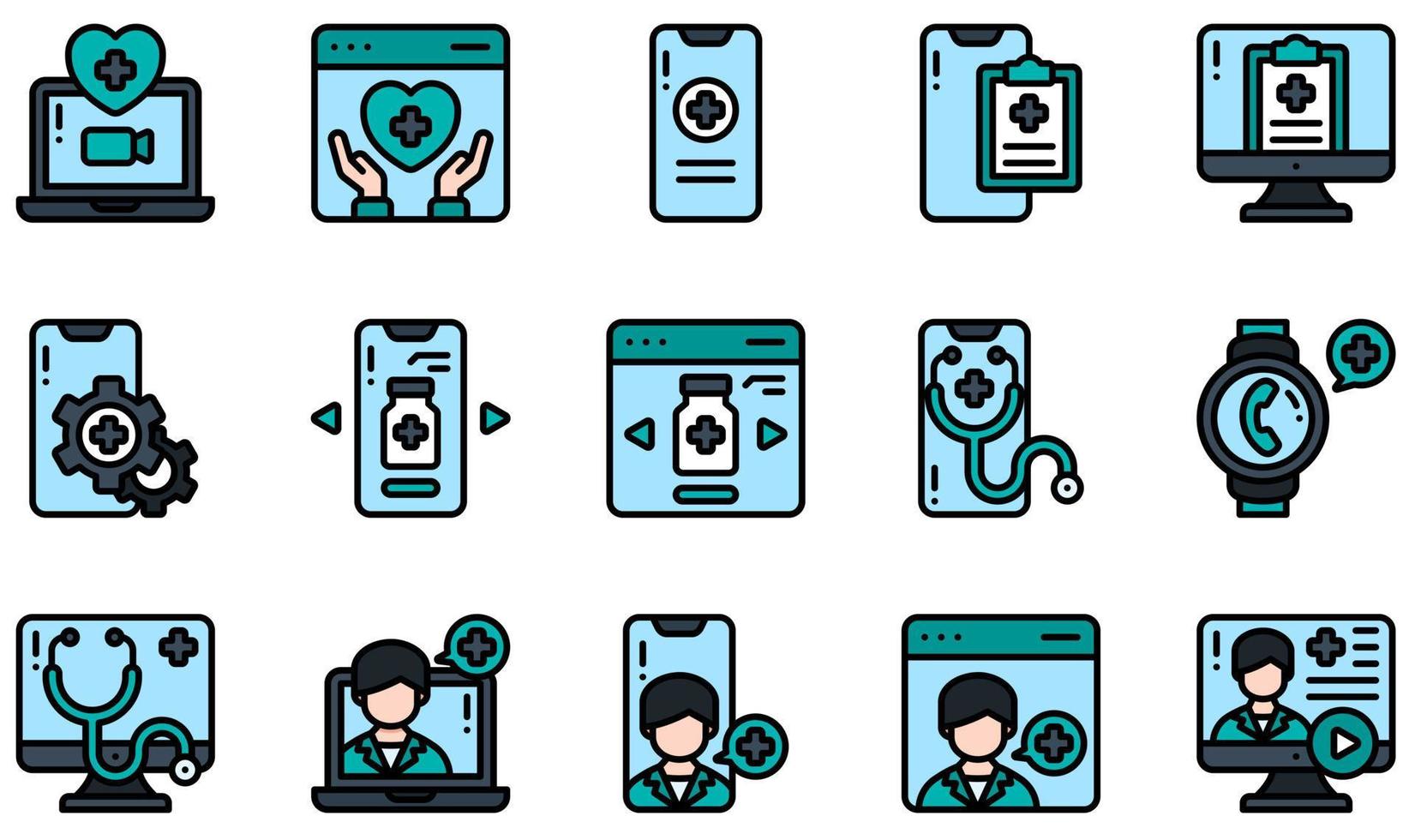 Set of Vector Icons Related to Telemedicine. Contains such Icons as Medical, Medical App, Medical Report, Online Pharmacy, Telemedicine, Stethoscope and more.