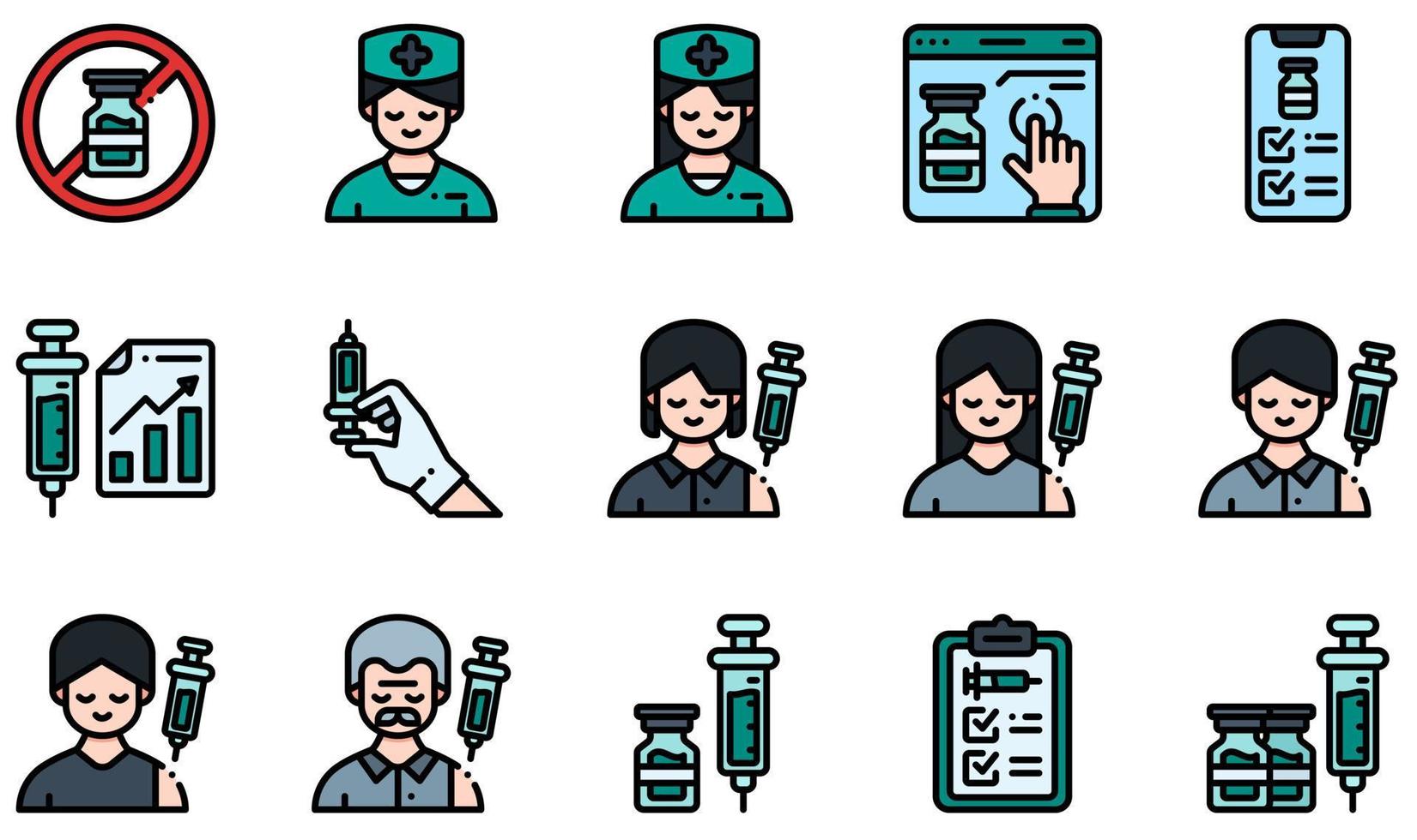 Set of Vector Icons Related to Vaccine. Contains such Icons as Nurse, Online Pharmacy, Statistics, Syringe, Vaccination, Vaccine and more.