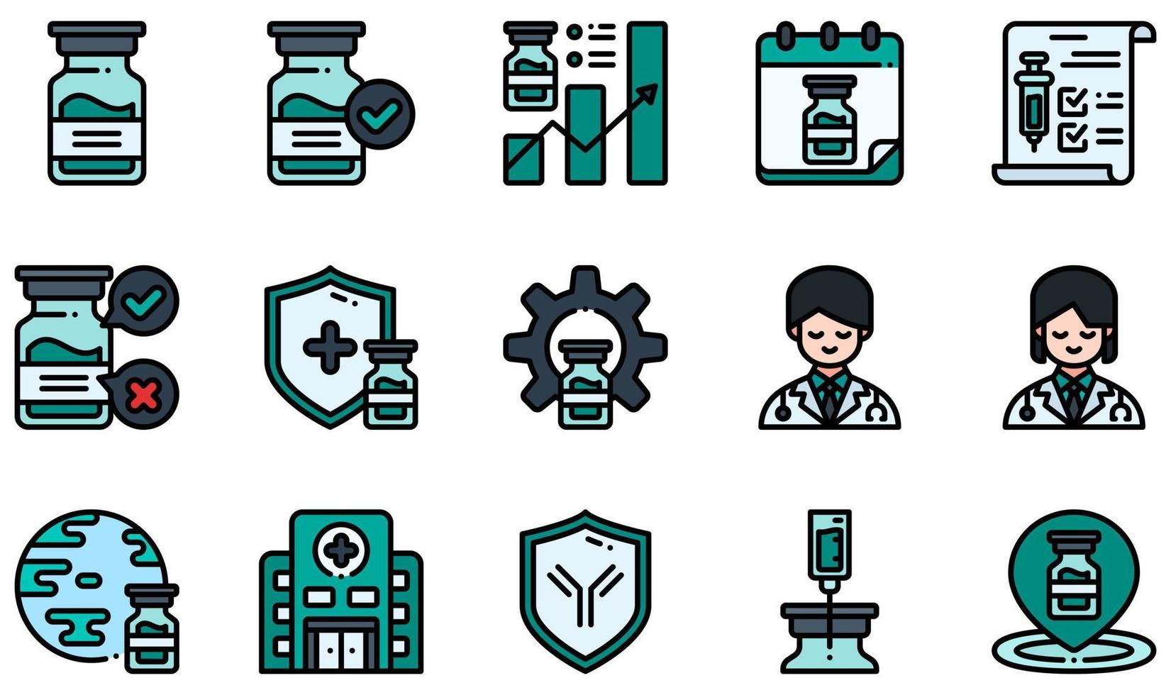 conjunto de iconos vectoriales relacionados con la vacuna. contiene íconos como ampolla, aprobación, certificado, desarrollo, médico, hospital y más. vector