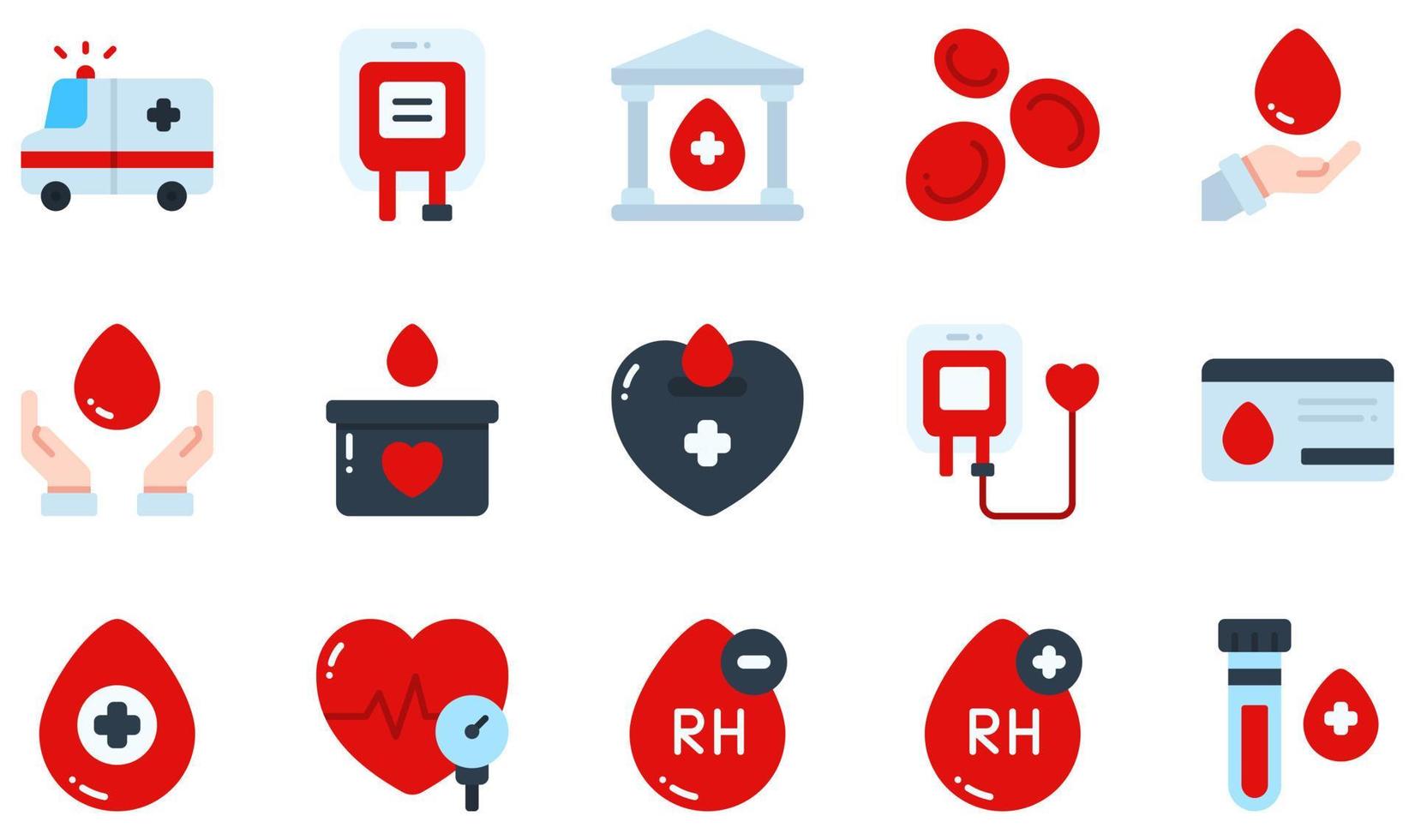 conjunto de iconos vectoriales relacionados con la donación de sangre. contiene íconos como bolsa de sangre, banco de sangre, donación de sangre, tarjeta de donante de sangre, gota de sangre, presión arterial y más. vector