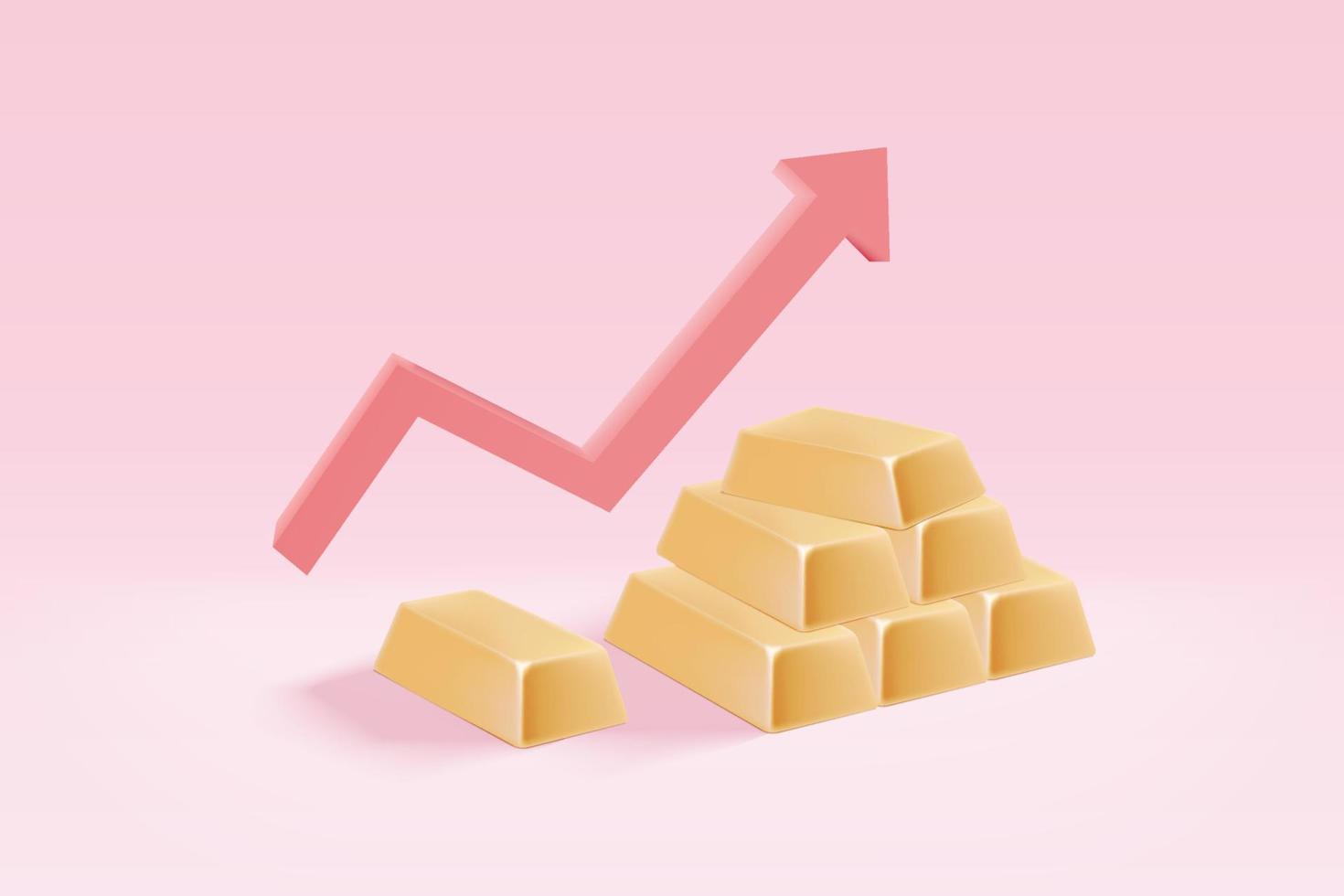 3d gold bar arrangement and red arrow up. Business gold future and financial in trade concept. Money trade and safe investment, earning growth. 3d vector gold bar render on pink background