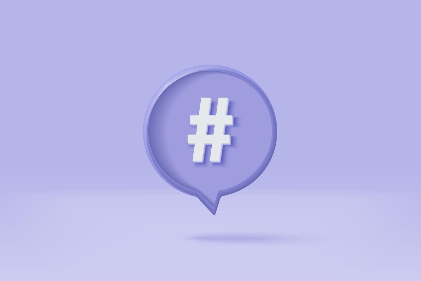 Símbolo de enlace de búsqueda de hashtag 3d en el icono de notificación de medios sociales aislado en fondo púrpura. mención del hilo de comentarios o signo de respuesta del usuario con las redes sociales. Hashtag 3d en la ilustración de renderizado vectorial vector