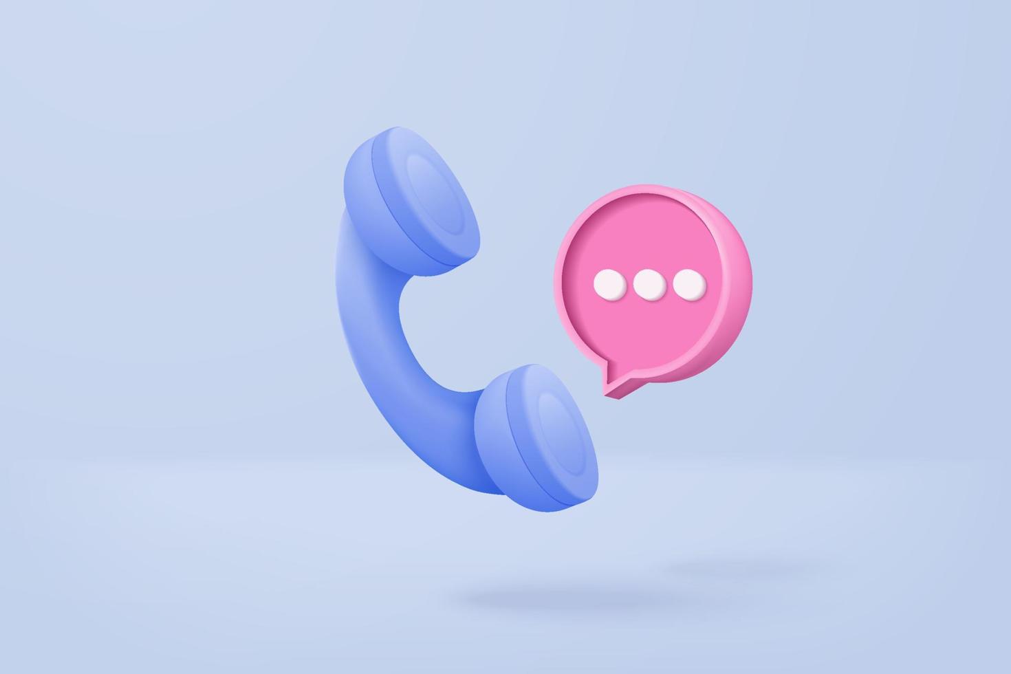 Llamada telefónica mínima 3d y charla de burbujas sobre fondo azul. hablando con la línea directa de soporte de servicio y el concepto de icono del centro de llamadas. 3d vector render teléfono para contacto con el cliente sobre fondo aislado