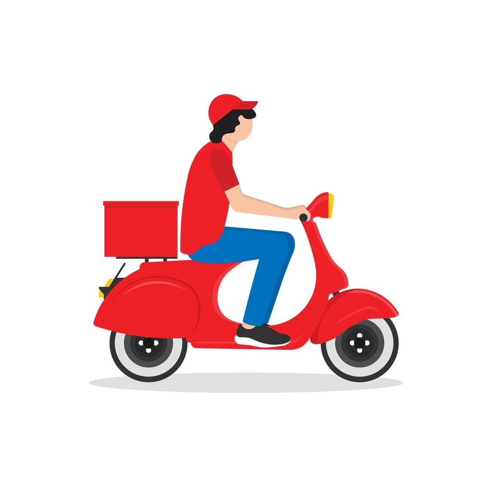 Delivery man riding a red scooter. Food delivery man. vector