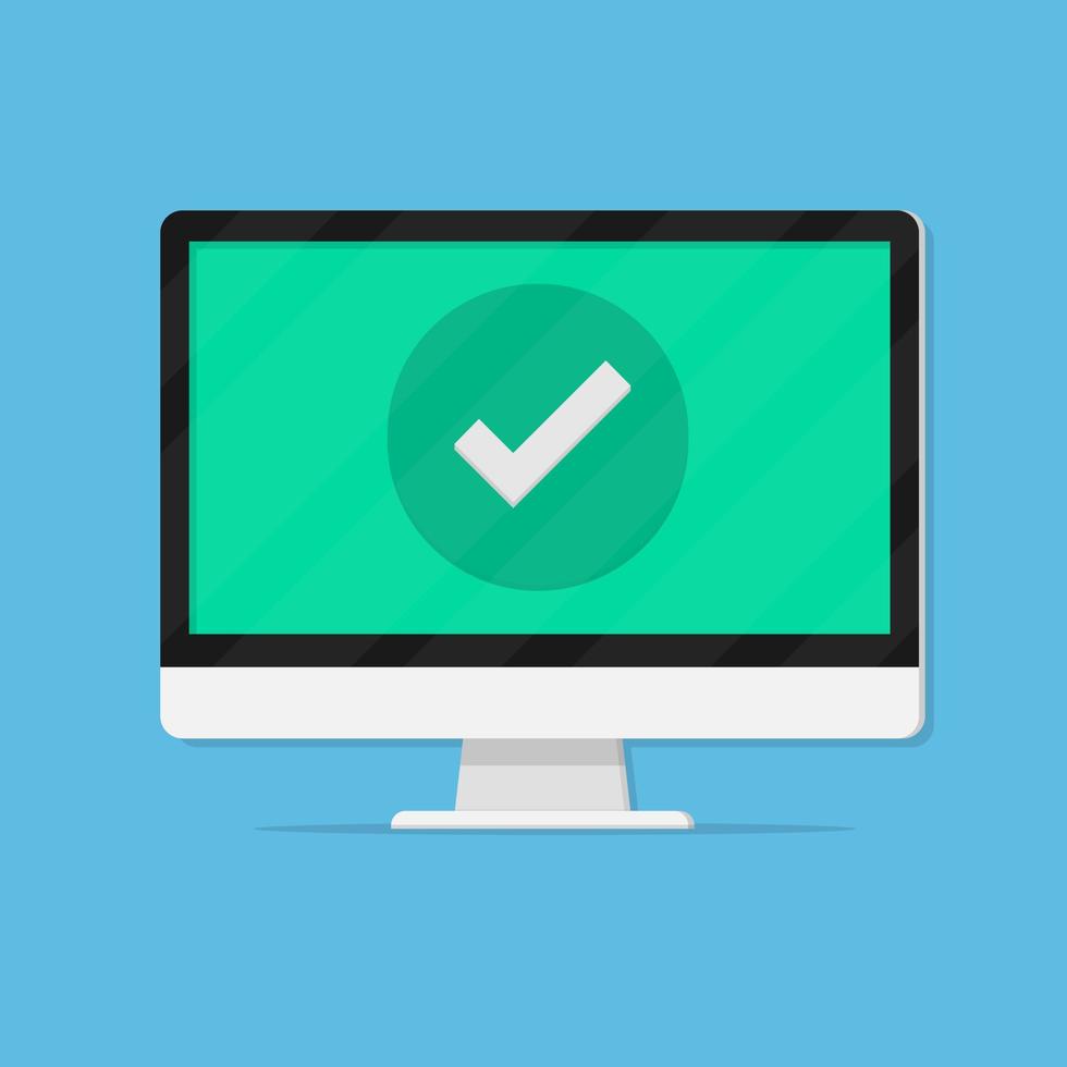 Check mark on monitor screen. Success tick icon or confirmation notification on monitor display, vector illustration isolated on blue background.