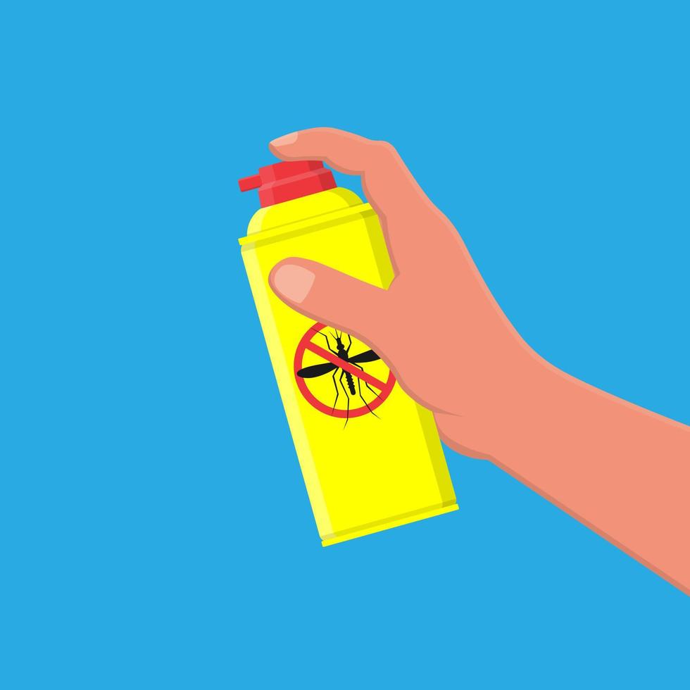 Aerosol in hand.Mosquito insect reppelent bottle icon. Bug and mosquito reppelent spray aerosol prevention. vector