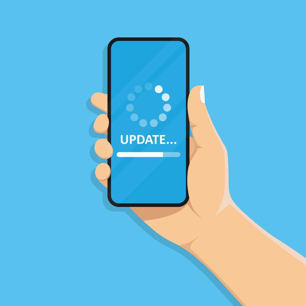 System software update and update concept. Download process on the smartphone screen. Mobile phone in hand. vector