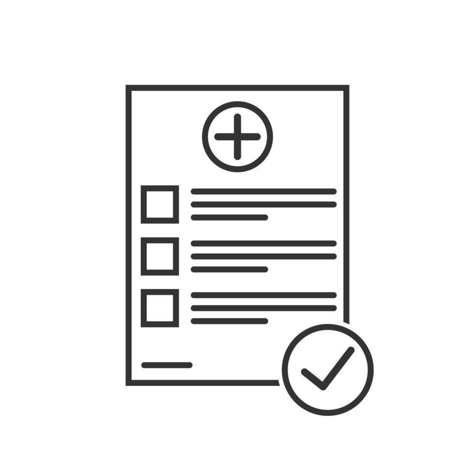 Medical form list with results data and approved check mark vector icon, line outline art clinical checklist document with checkbox symbol, insurance or medicine service sign